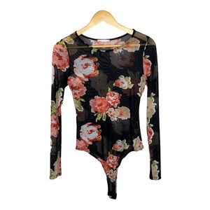 Juniors Sheer Floral Bodysuit- Size M- Black